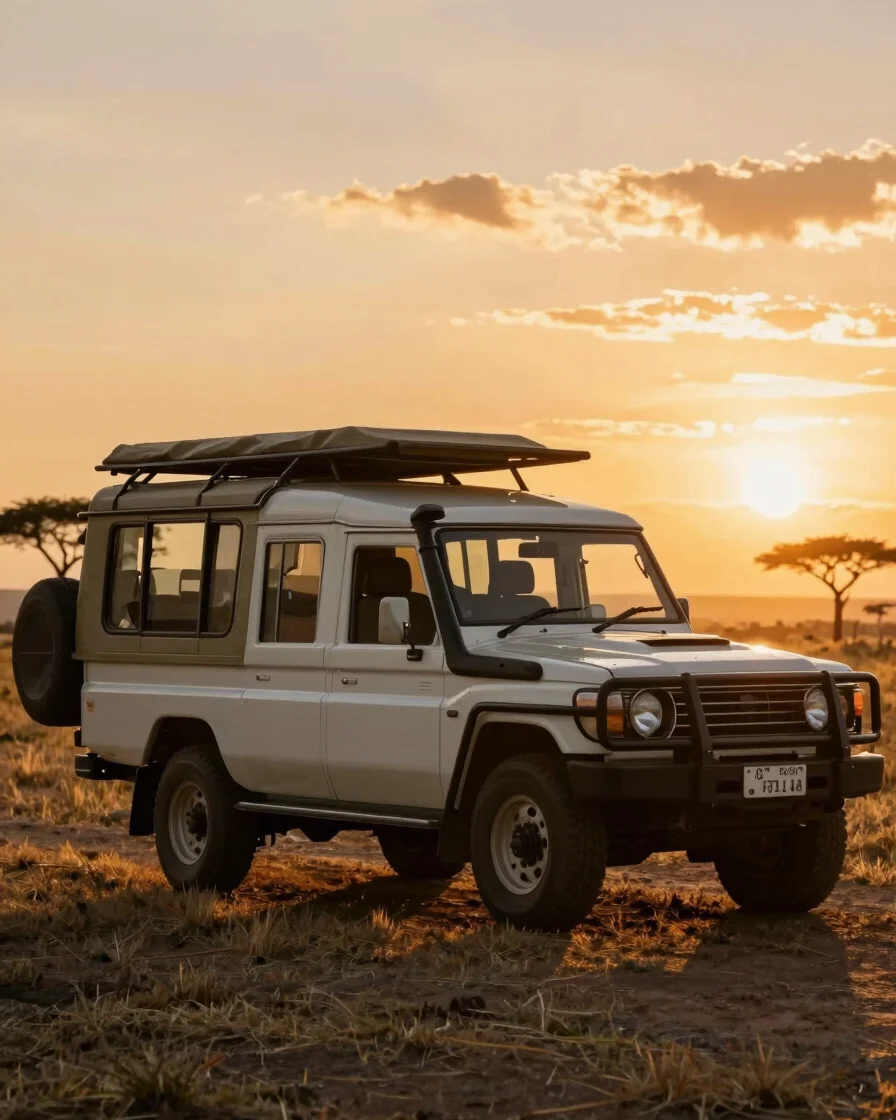 Open-top private 4x4 vehicle on a golden-hour game drive in the Serengeti, cinematic luxury safari photography, warm gol