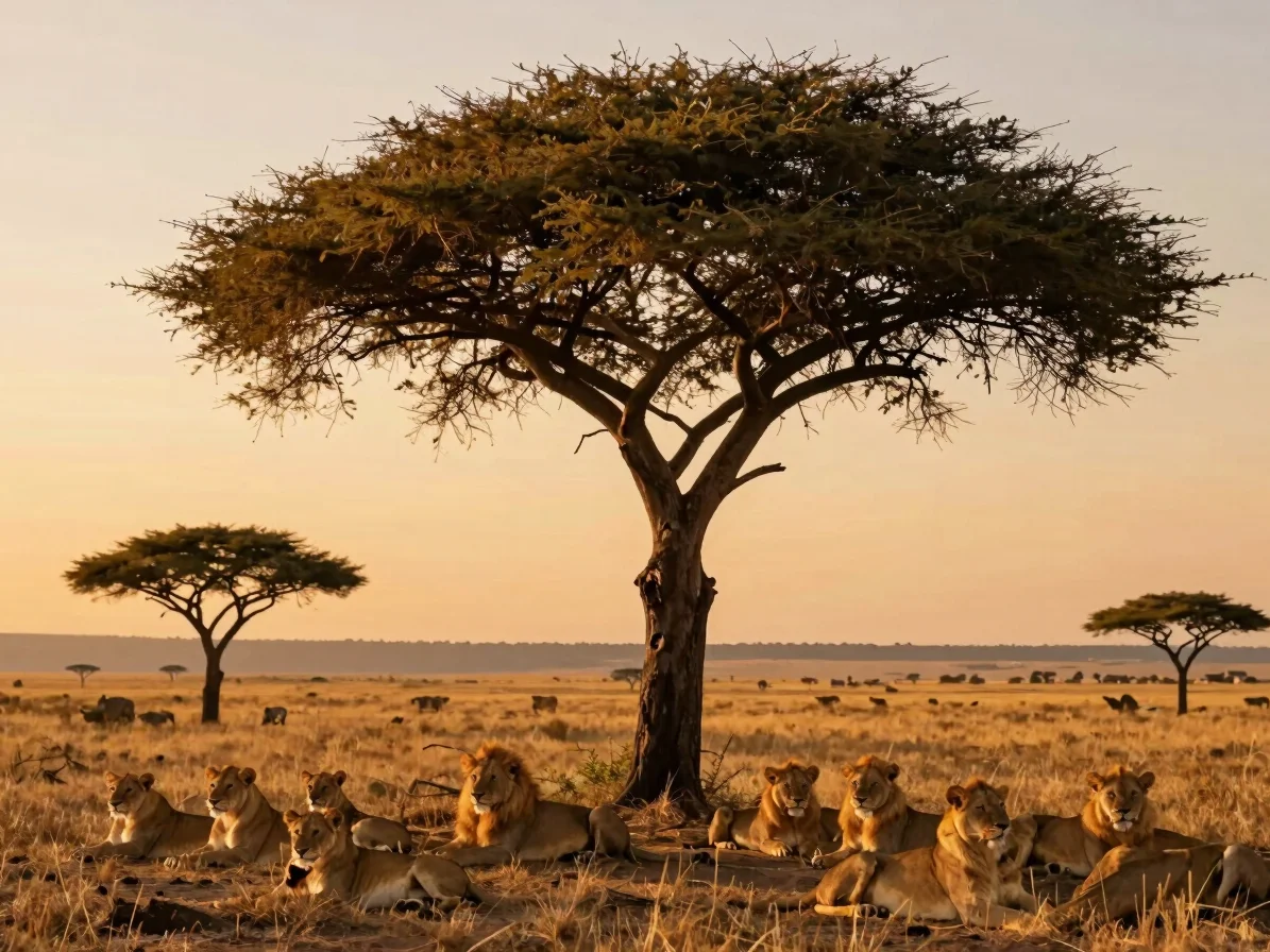 Wide panoramic Masai Mara at golden hour, a lion pride resting un