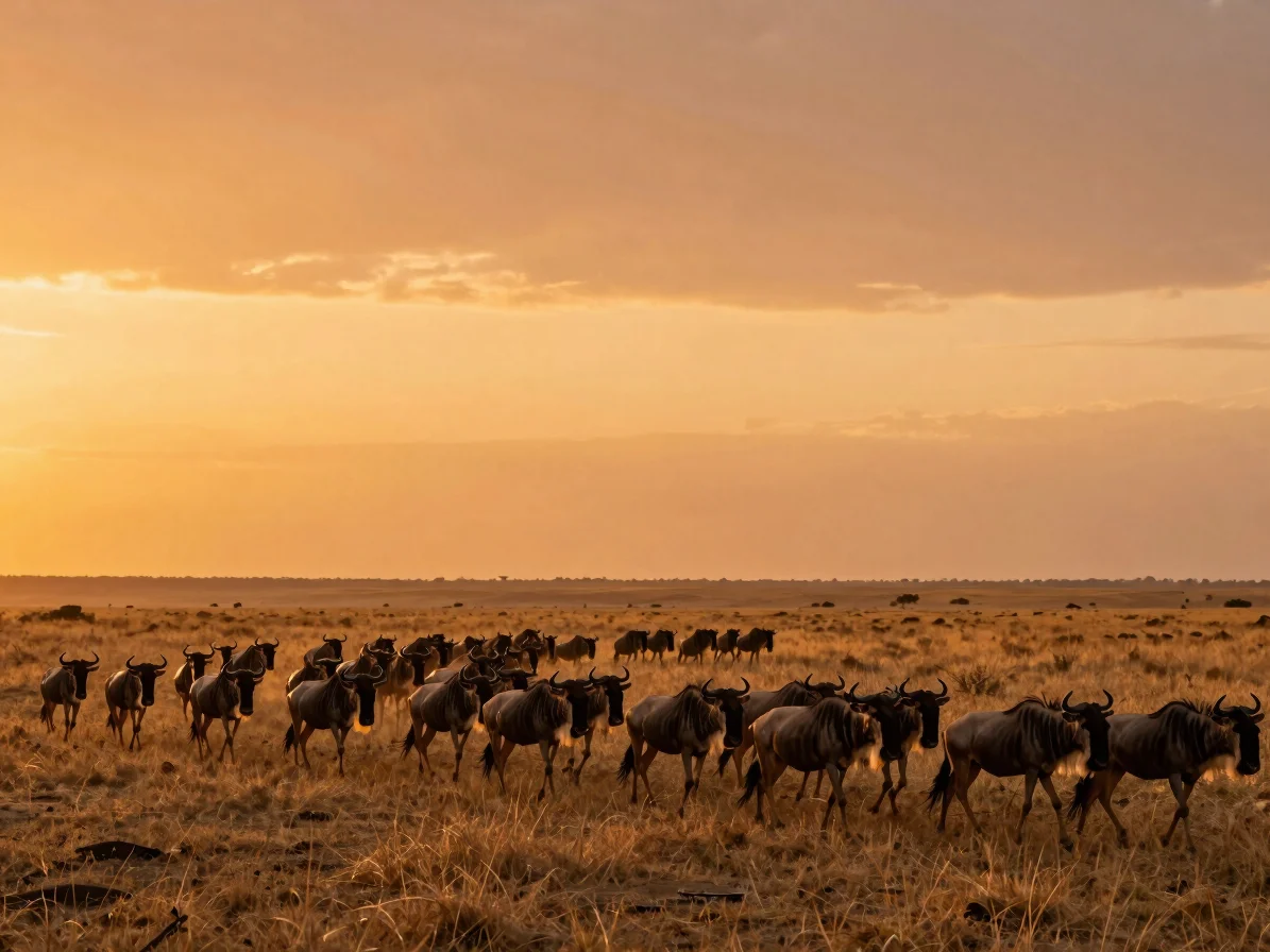 Cinematic view of Serengeti's endless plains at sunrise, a herd o