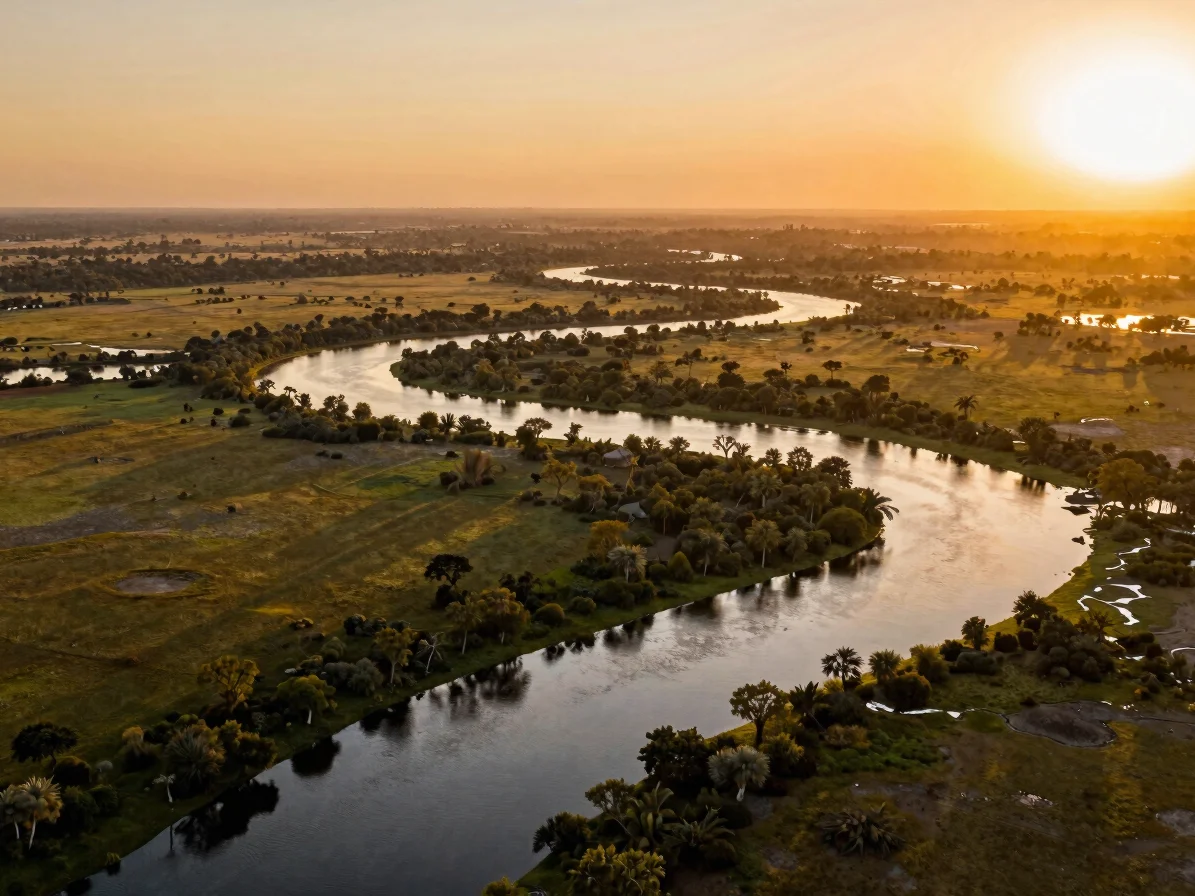 Aerial view of the Okavango Delta, Botswana, winding waterways, l