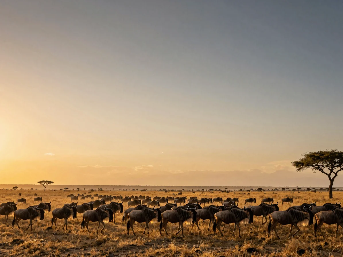 Wide panoramic Tanzania savanna at golden hour, a vast herd of wi