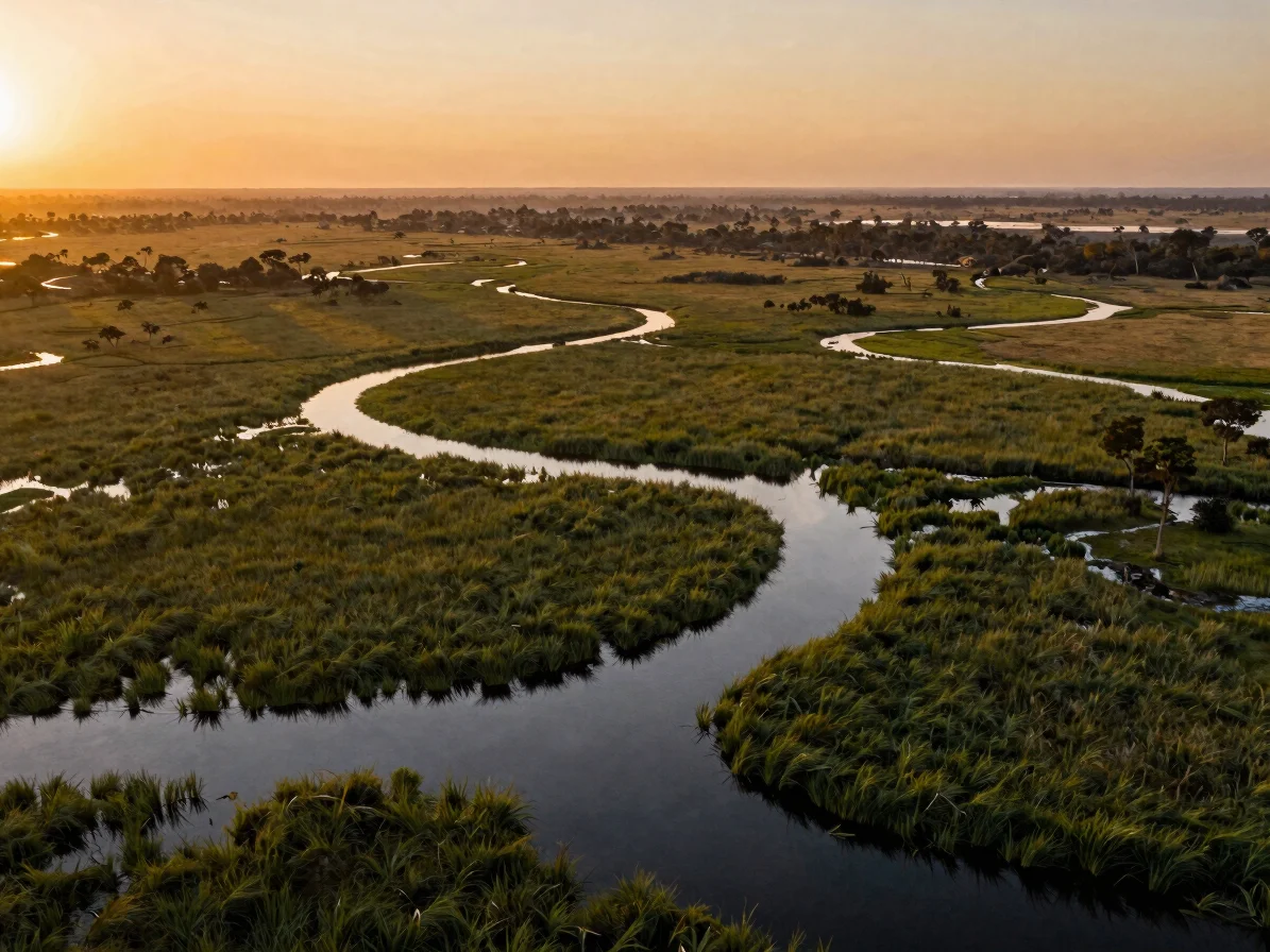 Aerial view of the Okavango Delta at high water, intricate waterw