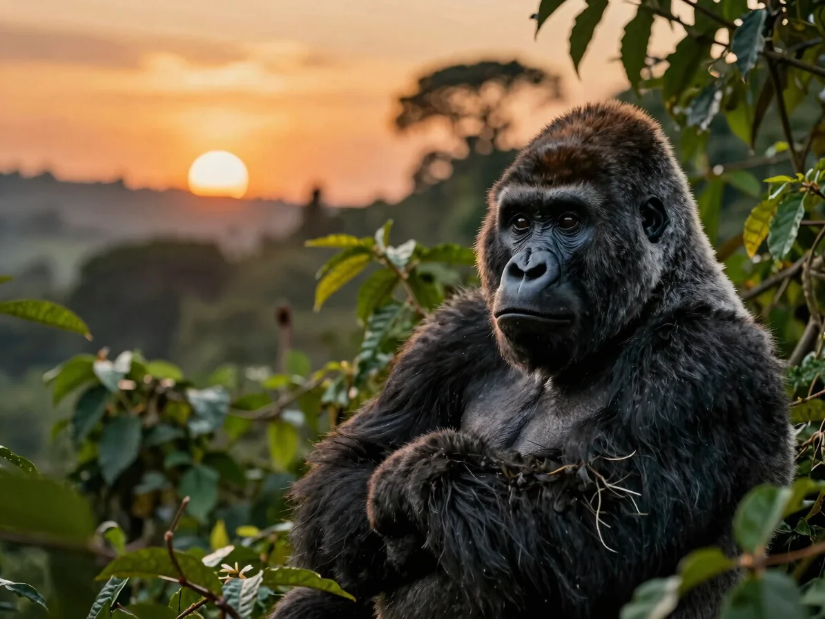 Intimate wildlife portrait of a mountain gorilla in Uganda's Bwin