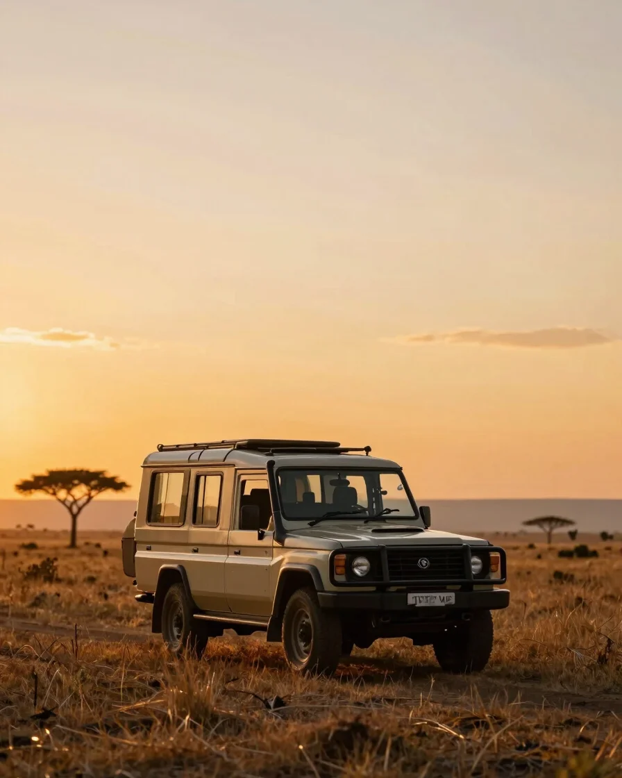 Expert field tracker guiding a luxury safari vehicle at golden ho