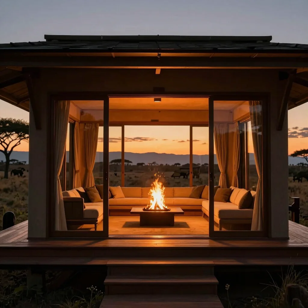 Luxury canvas safari suite interior illuminated under night sky,