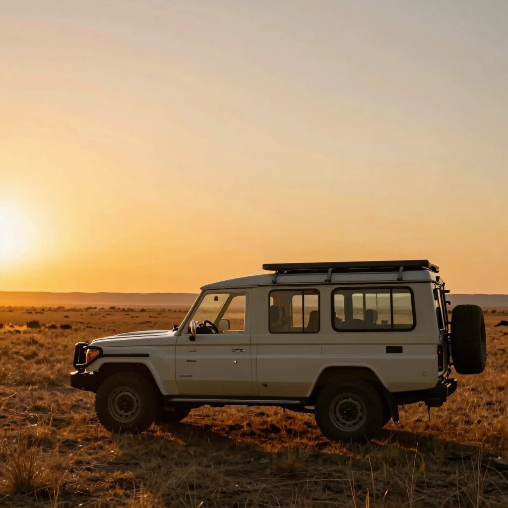 Open-top private 4x4 vehicle in vast savanna, dramatic late-after