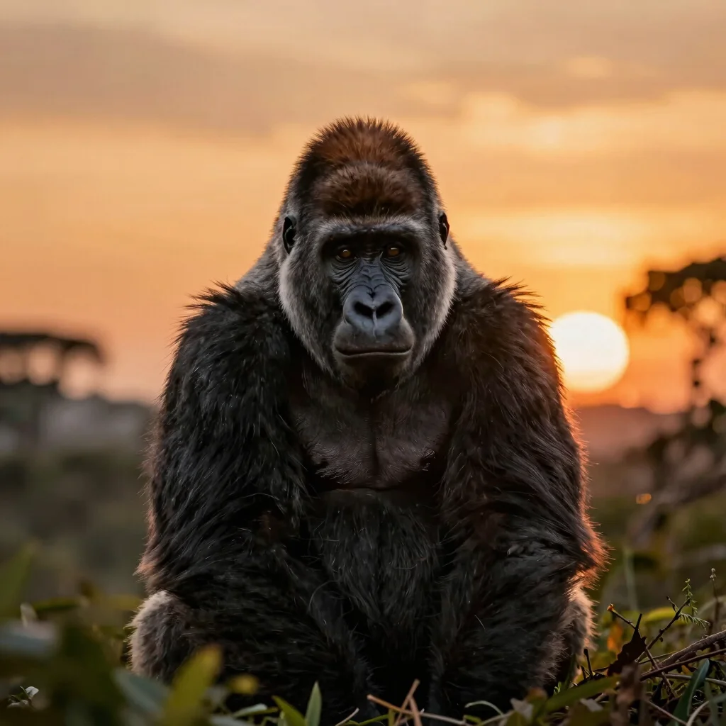 Intimate wildlife tracking moment of a mountain gorilla in Bwindi