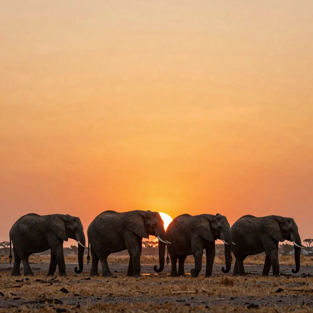 Elephants at a watering hole during golden hour, wide panoramic v