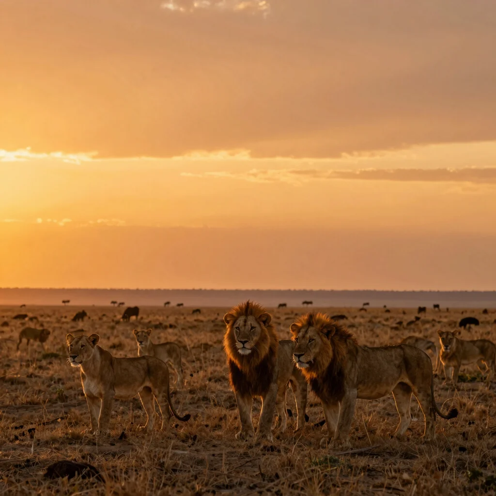 Wide panoramic, cinematic luxury safari photography, warm golden-