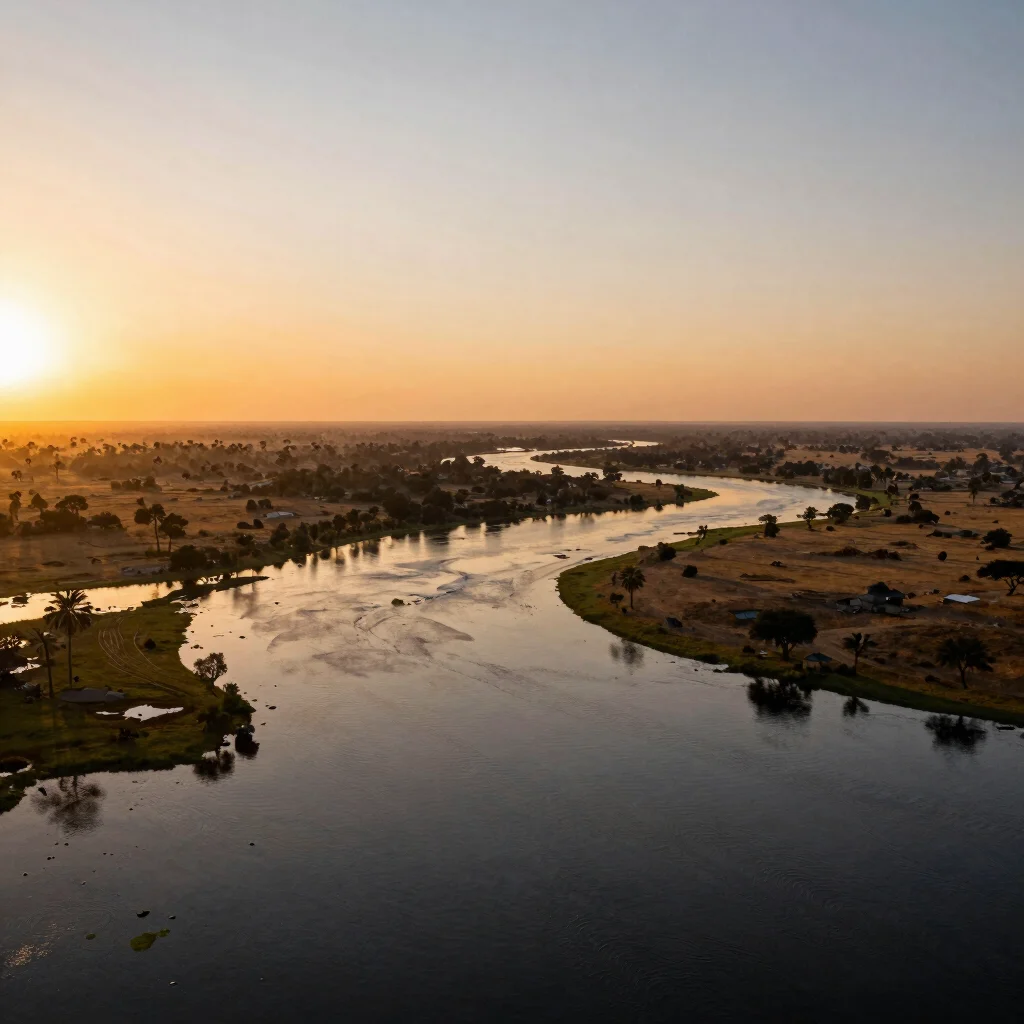Ultra-wide panoramic aerial view of the Okavango Delta waterways